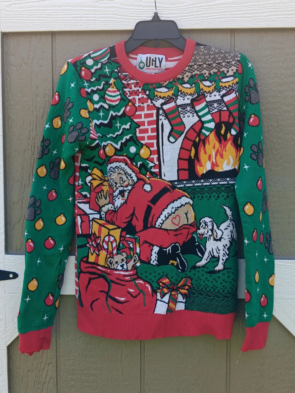Ugly Christmas Party Sweater Green Santa & Fireplace Dog Holiday Pullover Size S